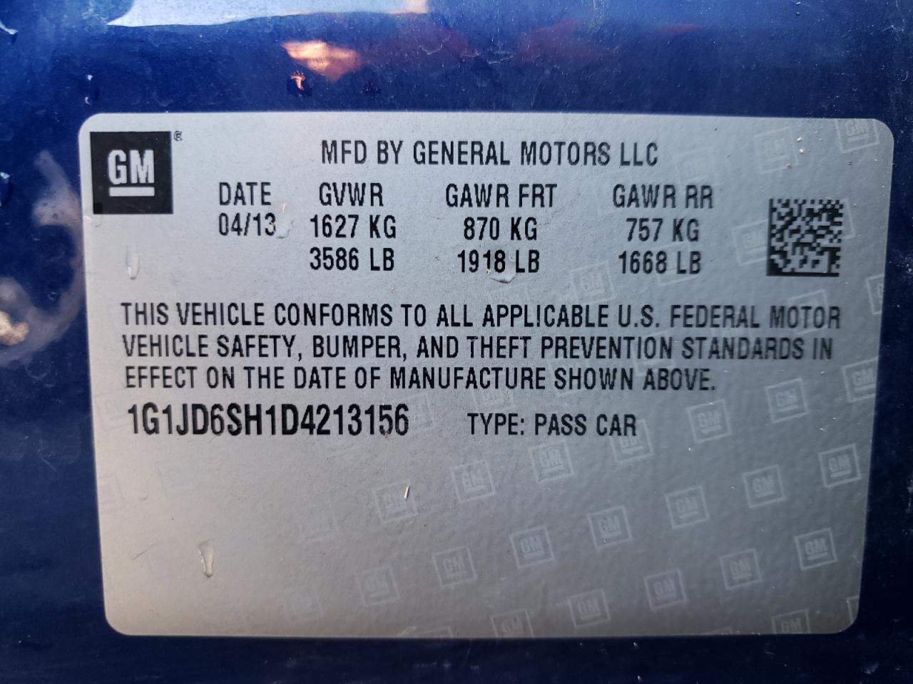 2013 Chevrolet Sonic VIN 1G1JD6SH1D4213156 Copart auction photo, front end / hail damage thumbnail 12