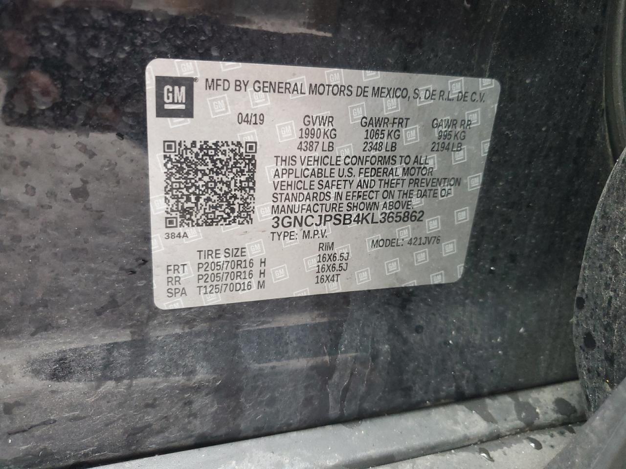 2019 Chevrolet Trax VIN 3GNCJPSB4KL365862 Copart auction photo, front end / side damage thumbnail 13