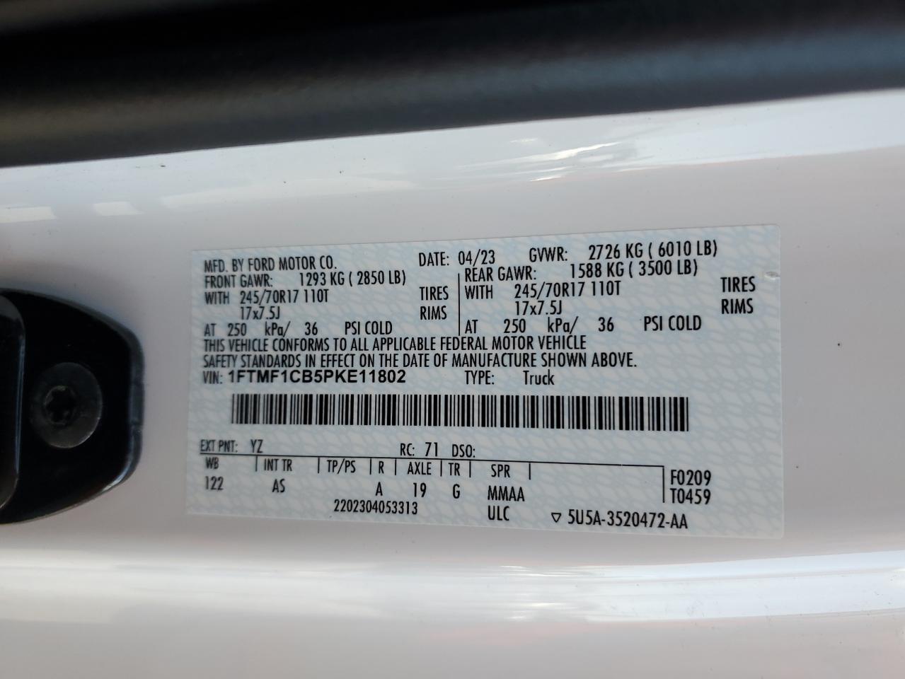 2023 Ford F-150 VIN 1FTMF1CB5PKE11802 Copart auction photo, front end damage thumbnail 14