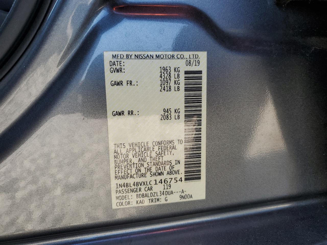 2020 Nissan Altima VIN 1N4BL4BVXLC146754 Copart auction photo, front end damage thumbnail 12