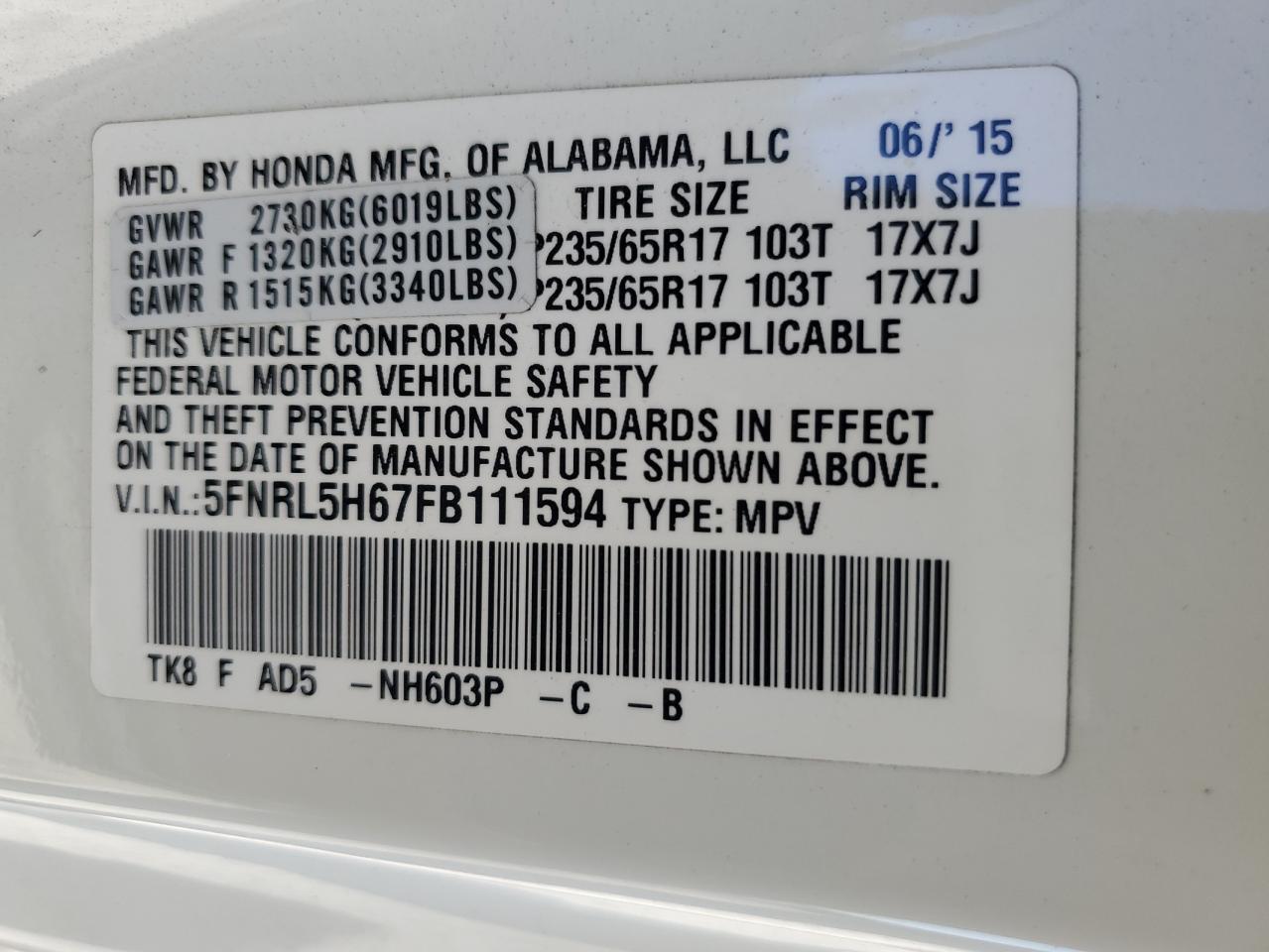2015 Honda Odyssey VIN 5FNRL5H67FB111594 Copart auction photo, rear end damage thumbnail 14
