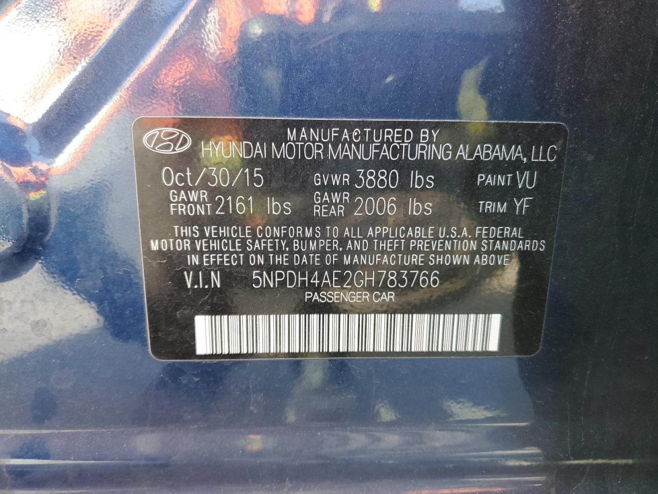 2016 Hyundai Elantra VIN 5NPDH4AE2GH783766 Copart auction photo, rear end / side damage thumbnail 12