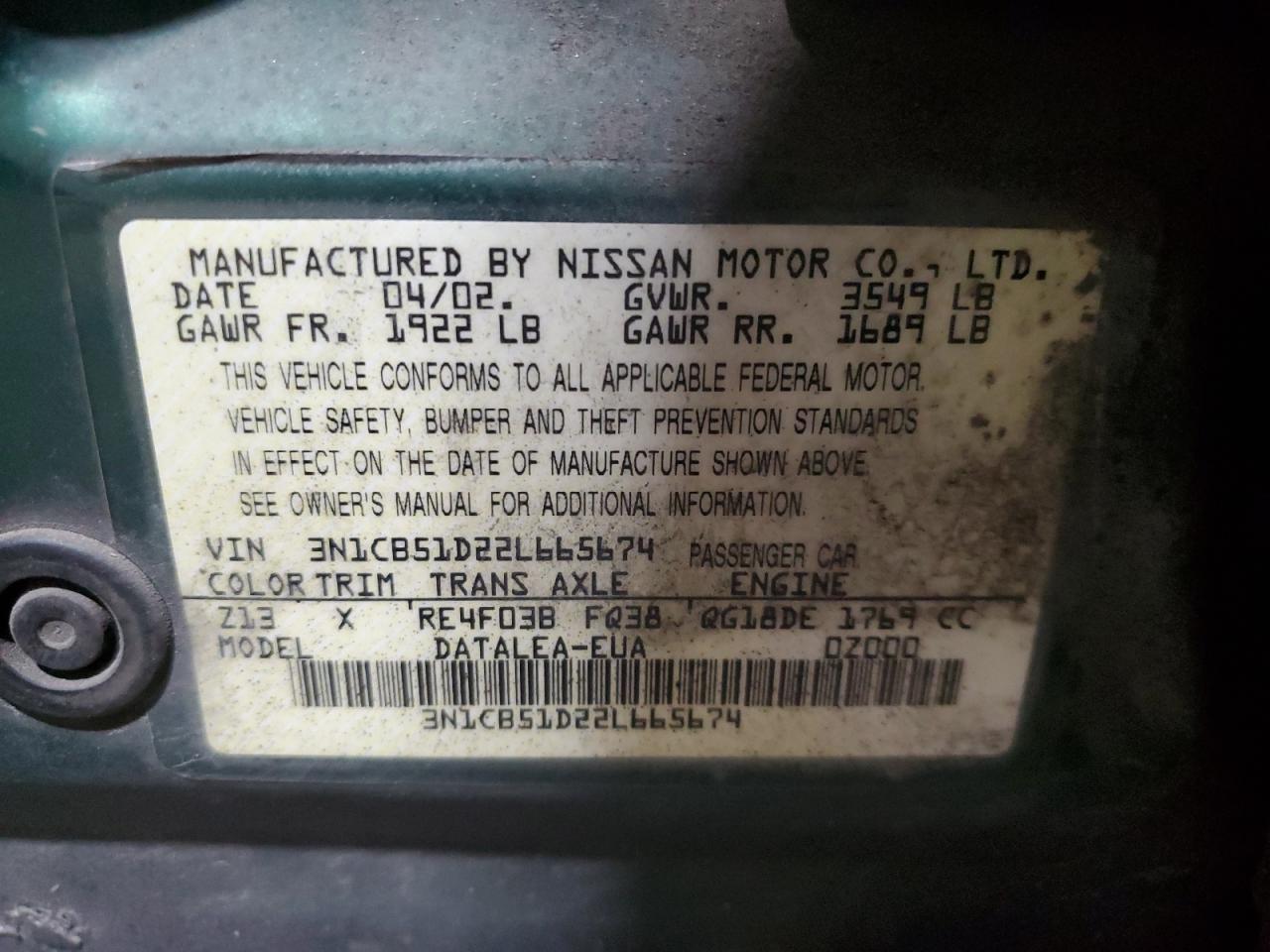 2002 Nissan Sentra VIN 3N1CB51D22L665674 Copart auction photo, front end damage thumbnail 13