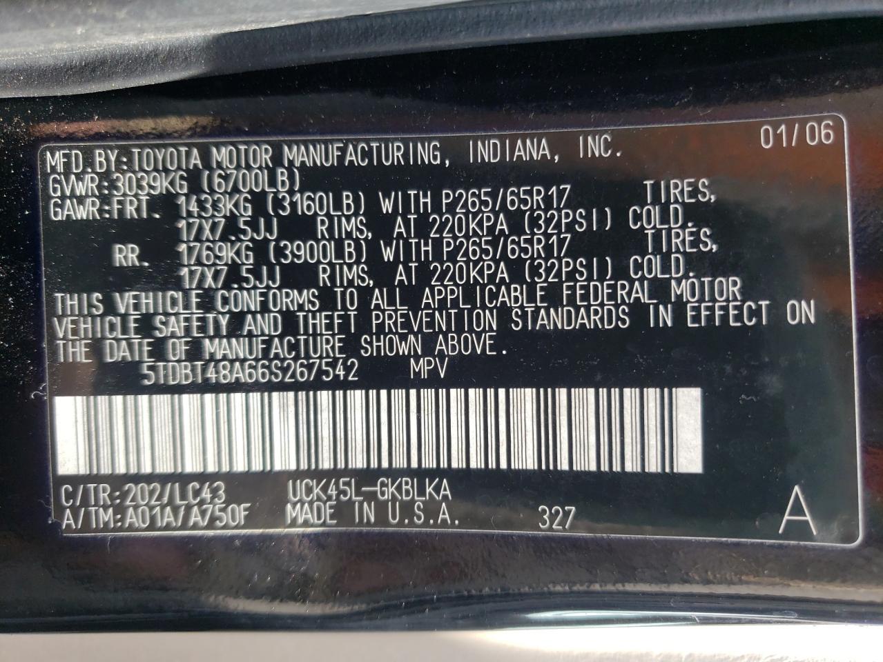 2006 Toyota Sequoia VIN 5TDBT48A66S267542 Copart auction photo, mechanical / hail damage thumbnail 13