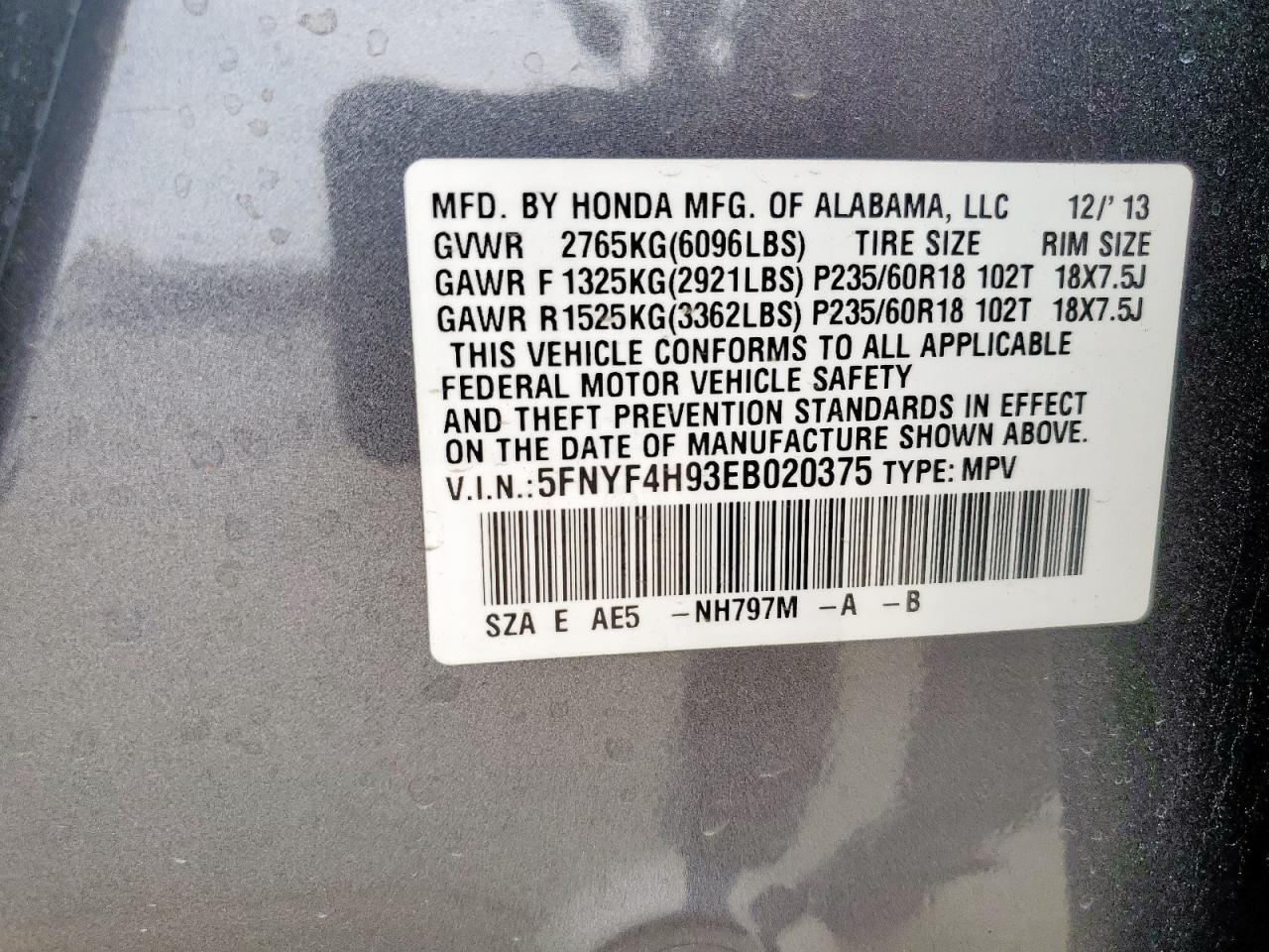 2014 Honda Pilot VIN 5FNYF4H93EB020375 Copart auction photo, front end damage thumbnail 14