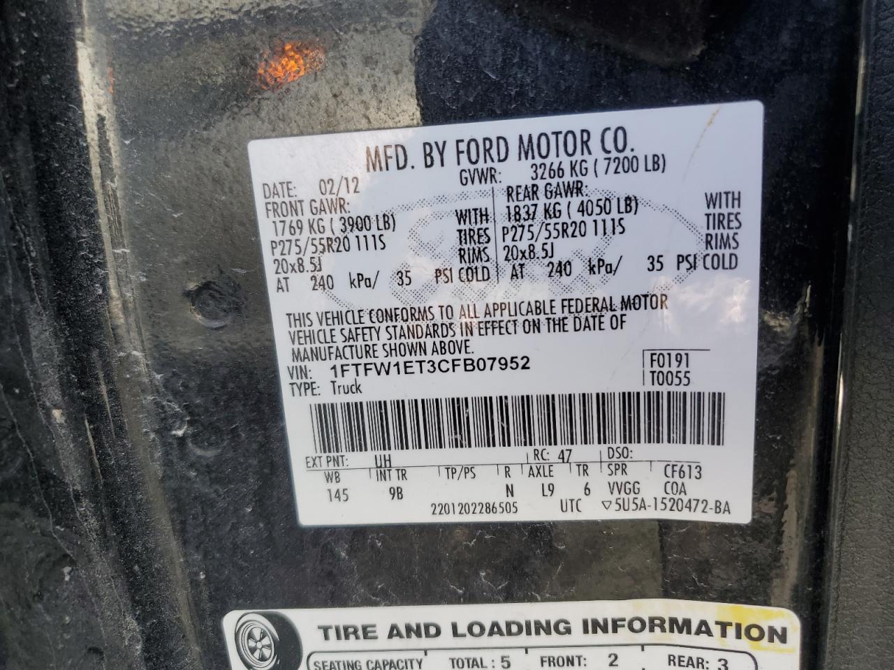 2012 Ford F-150 VIN 1FTFW1ET3CFB07952 Copart auction photo, front end damage thumbnail 12
