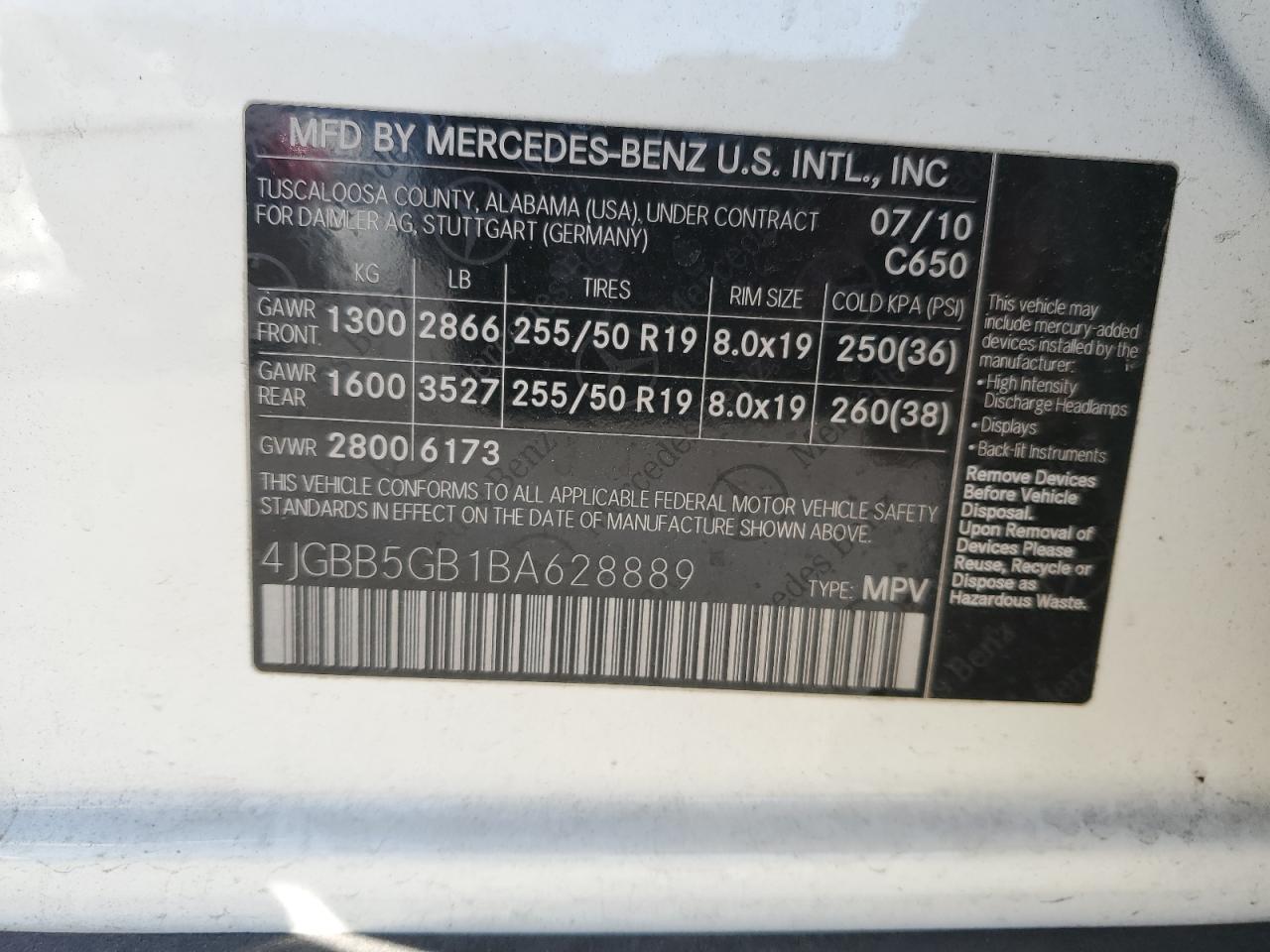 2011 Mercedes-Benz M-klasse VIN 4JGBB5GB1BA628889 Copart auction photo, rear end / side damage thumbnail 15