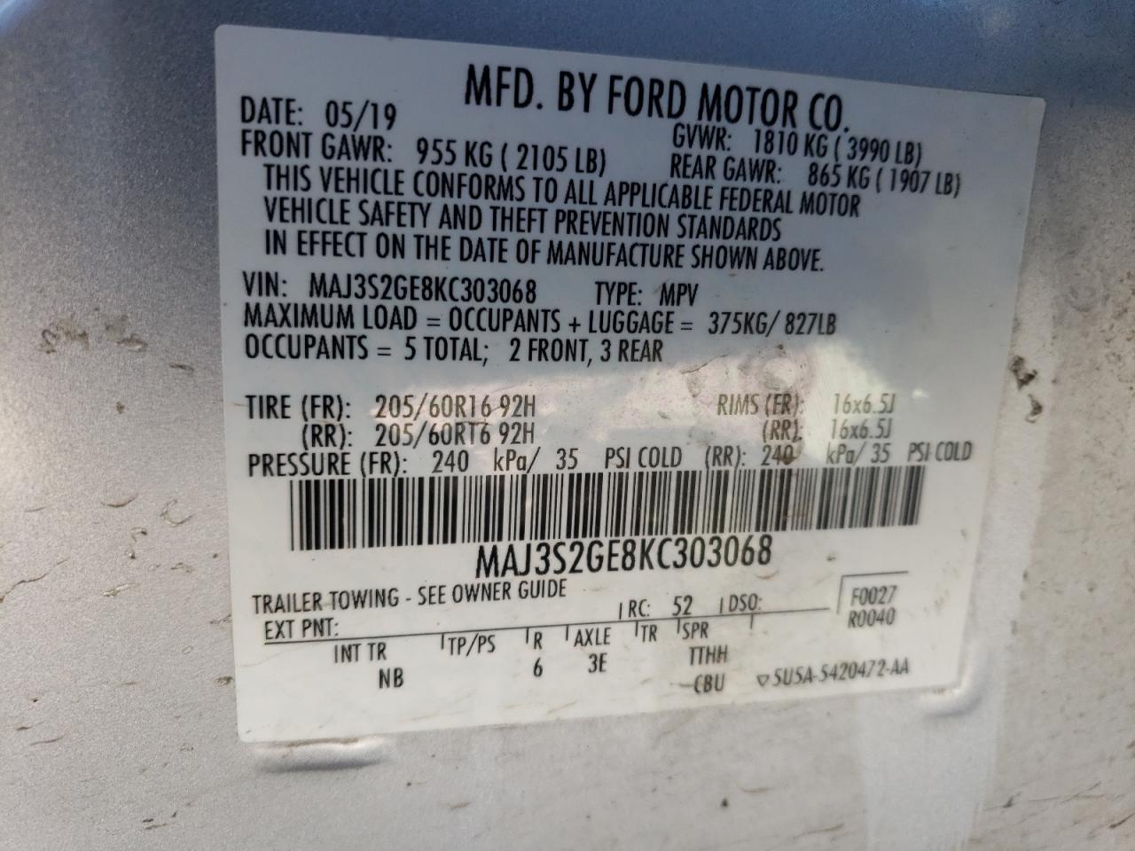 2019 Ford EcoSport VIN MAJ3S2GE8KC303068 Copart auction photo, front end damage thumbnail 15