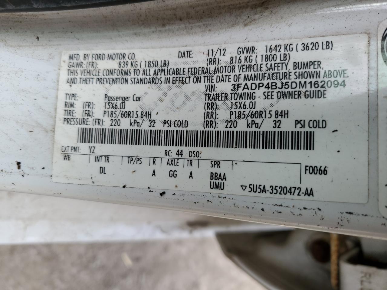 2013 Ford Fiesta VIN 3FADP4BJ5DM162094 Copart auction photo, front end / side damage thumbnail 12