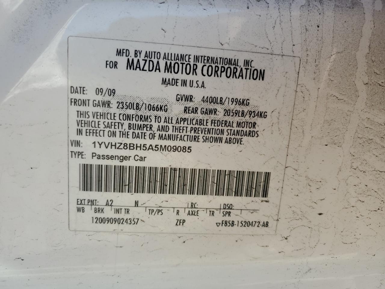 2010 Mazda 6 VIN 1YVHZ8BH5A5M09085 Copart auction photo, front end damage thumbnail 13