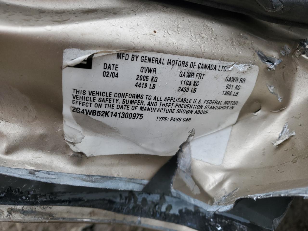 2004 Buick Regal VIN 2G4WB52K141300975 Copart auction photo, biohazard/chemical / all over damage thumbnail 14