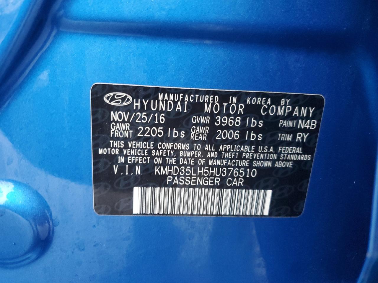 2017 Hyundai Elantra VIN KMHD35LH5HU376510 Copart auction photo, front end damage thumbnail 13