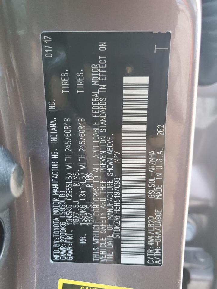 2017 Toyota Highlander VIN 5TDKZRFH5HS197093 Copart auction photo, rear end damage thumbnail 15