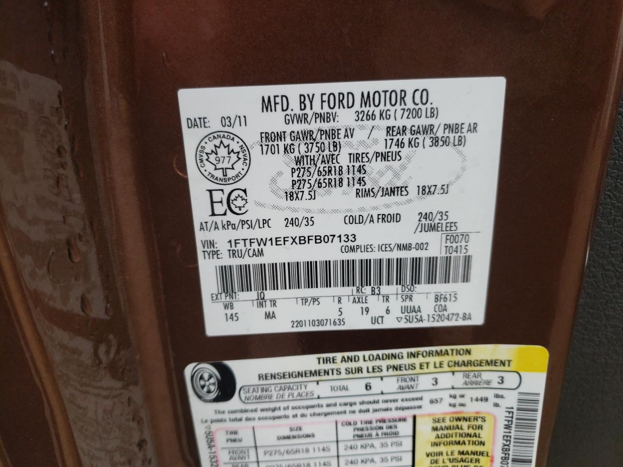 2011 Ford F-150 VIN 1FTFW1EFXBFB07133 Copart auction photo, front end damage thumbnail 13