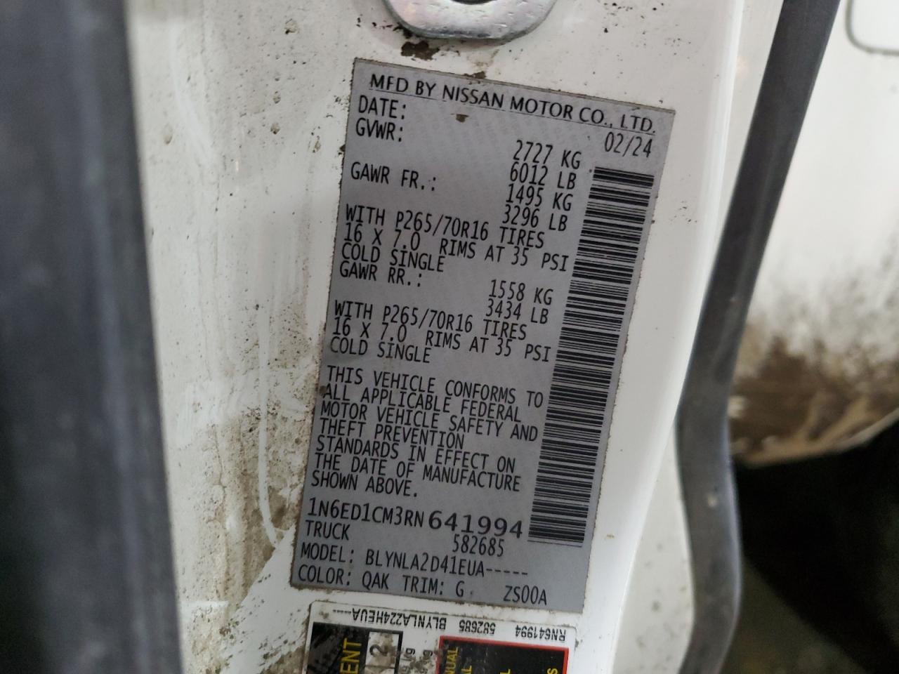 2024 Nissan Navara (Frontier) VIN 1N6ED1CM3RN641994 Copart auction photo, rollover damage thumbnail 13