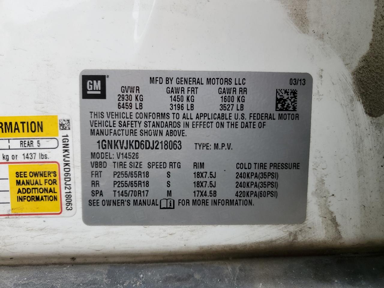 2013 Chevrolet Traverse VIN 1GNKVJKD6DJ218063 Copart auction photo, front end / side damage thumbnail 13