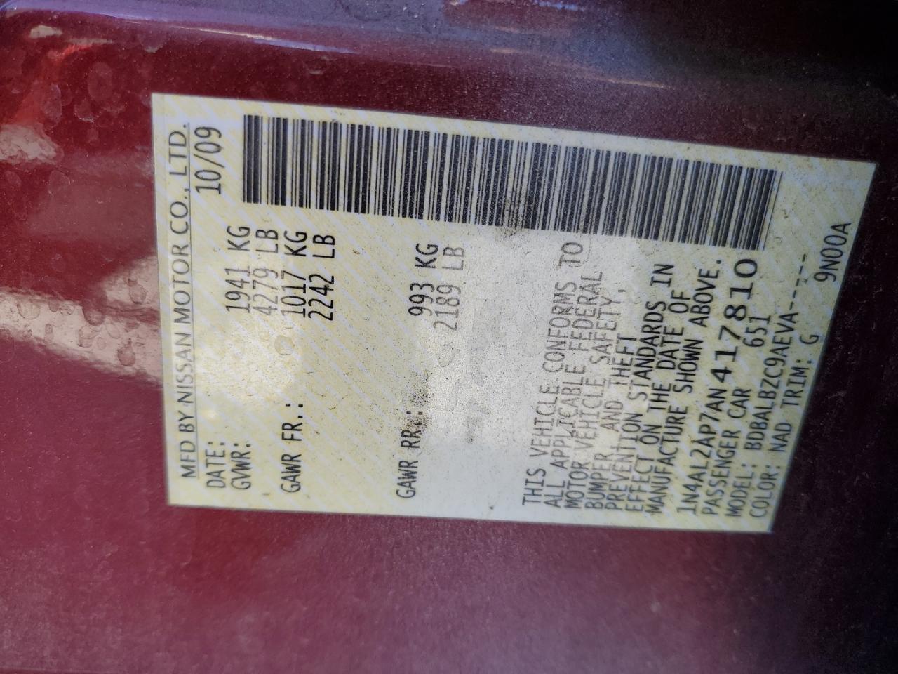 2010 Nissan Altima VIN 1N4AL2AP7AN417810 Copart auction photo, rear end damage thumbnail 12
