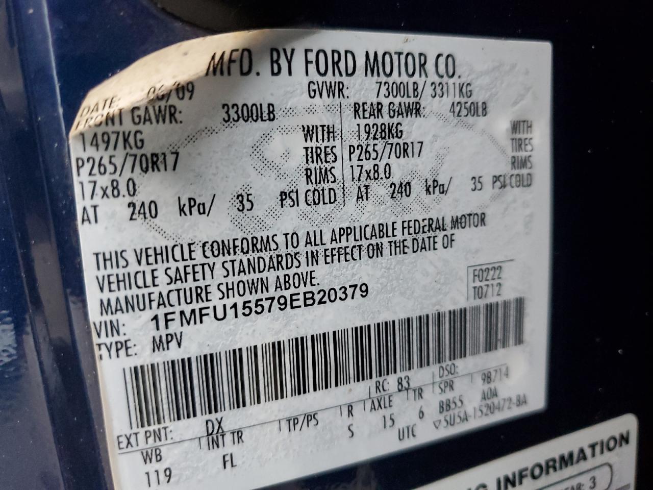 2009 Ford Expedition VIN 1FMFU15579EB20379 Copart auction photo, rear end / front end damage thumbnail 13