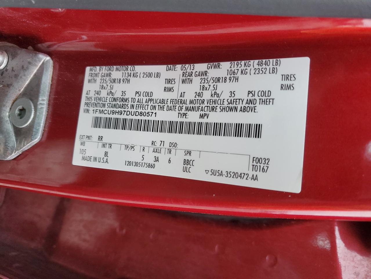 2013 Ford Escape VIN 1FMCU9H97DUD80571 Copart auction photo, side / front end damage thumbnail 12