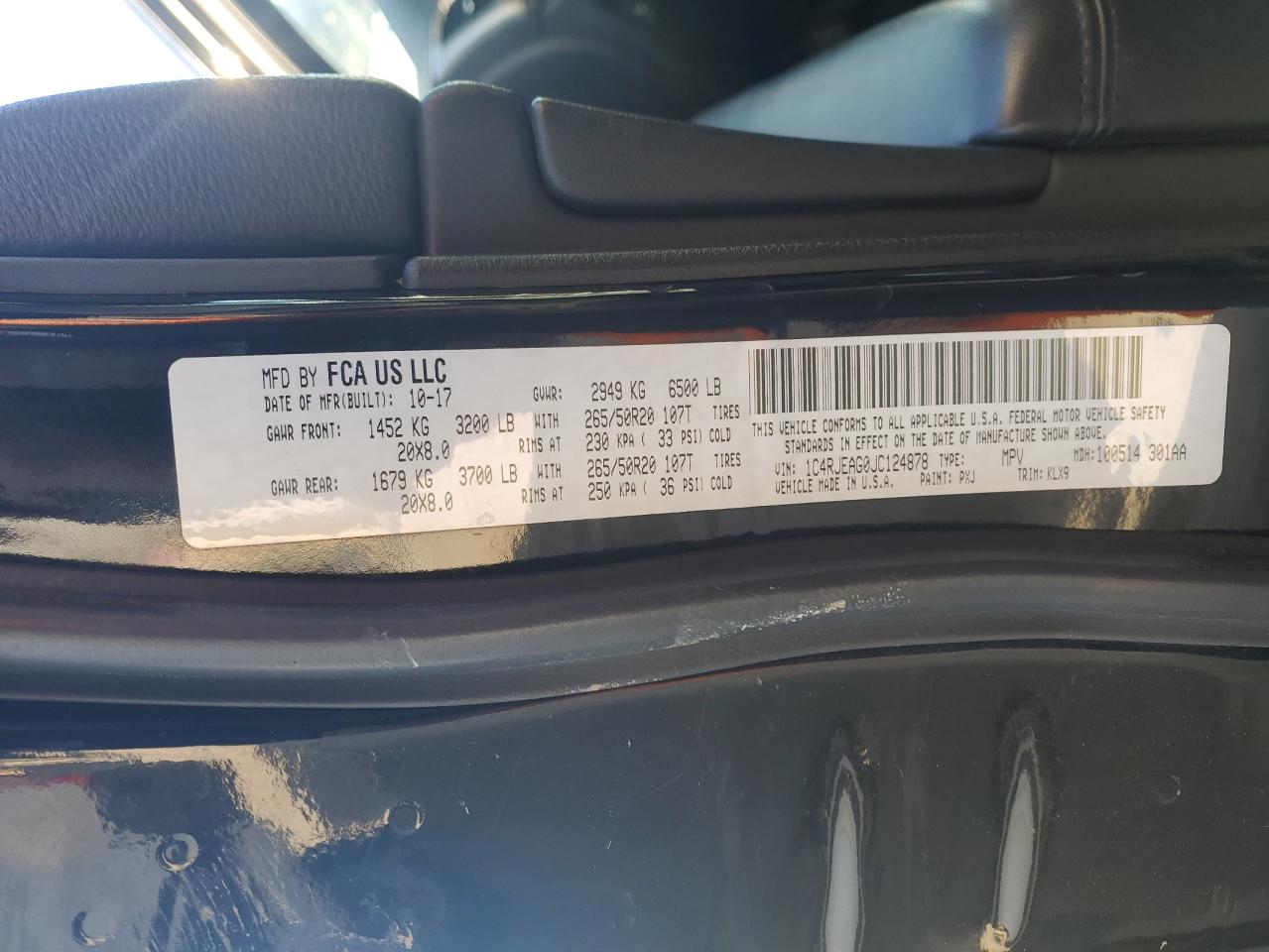 2018 Jeep Grand Cherokee VIN 1C4RJEAG0JC124878 Copart auction photo, front end damage thumbnail 12