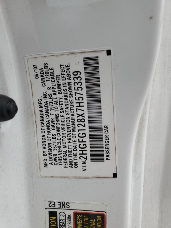 2007 Honda Civic VIN 2HGFG128X7H575339 Copart auction photo, front end / rear end damage thumbnail 14
