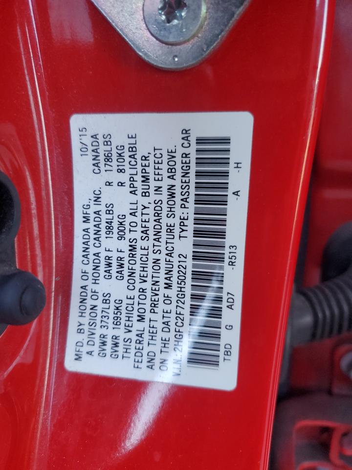 2016 Honda Civic VIN 2HGFC2F72GH502212 Copart auction photo, front end / rear end damage thumbnail 12