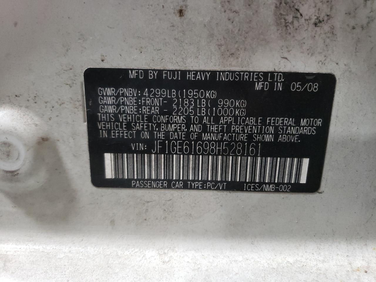 2008 Subaru Impreza VIN JF1GE61698H528161 Copart auction photo, front end damage thumbnail 13