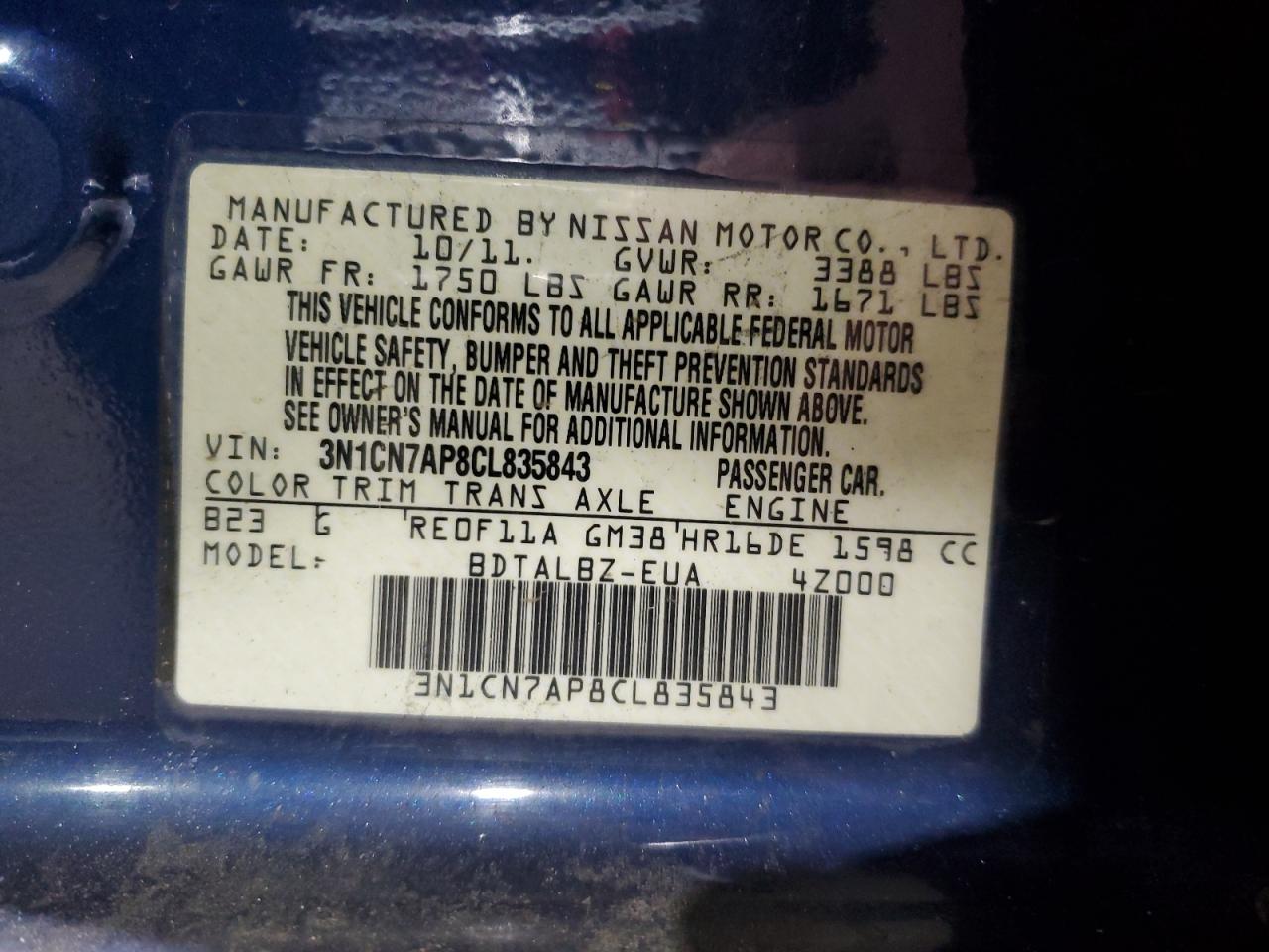 2012 Nissan Versa VIN 3N1CN7AP8CL835843 Copart auction photo, rear end / undercarriage damage thumbnail 12