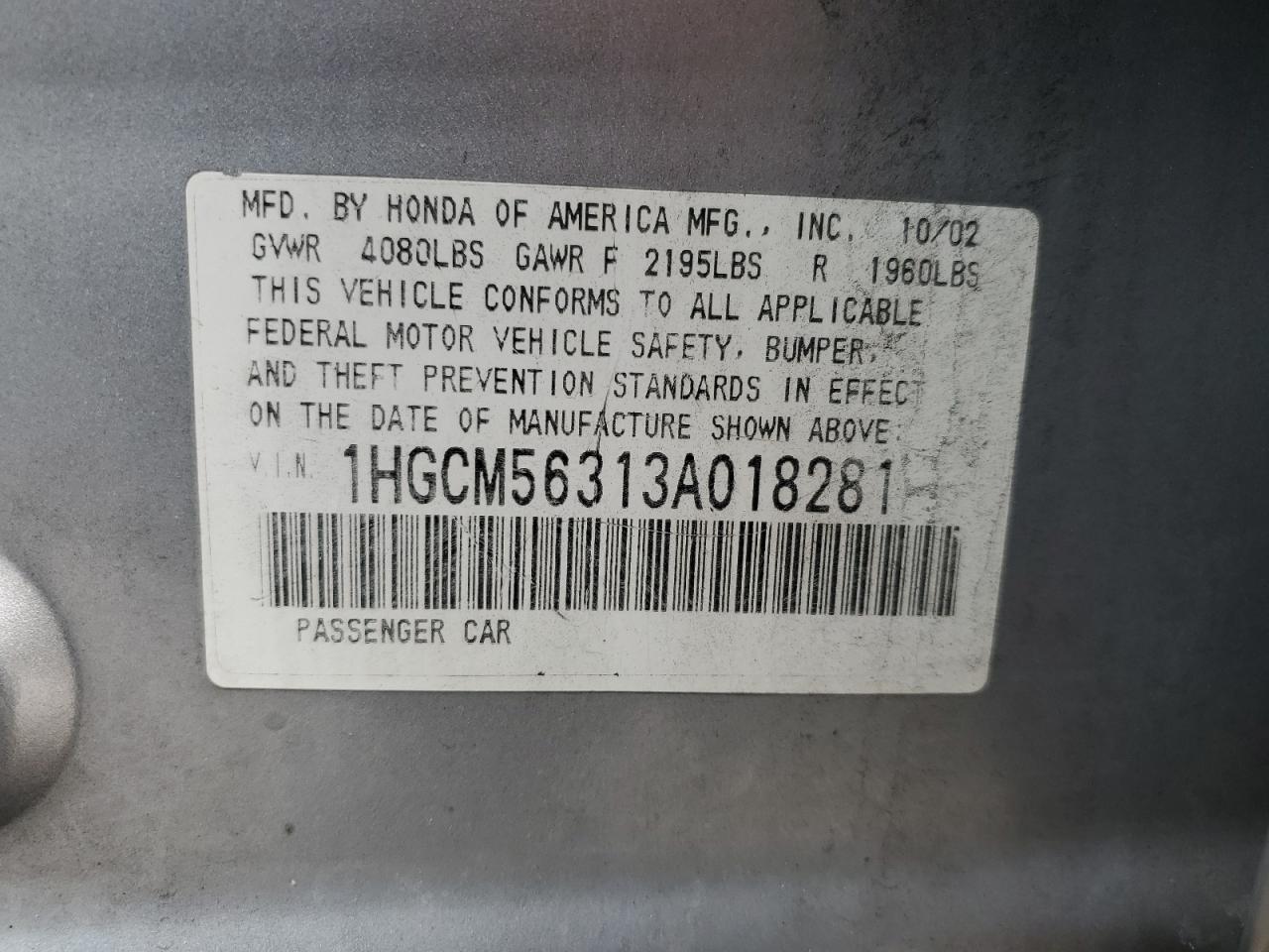 2003 Honda Accord VIN 1HGCM56313A018281 Copart auction photo, rear end damage thumbnail 14