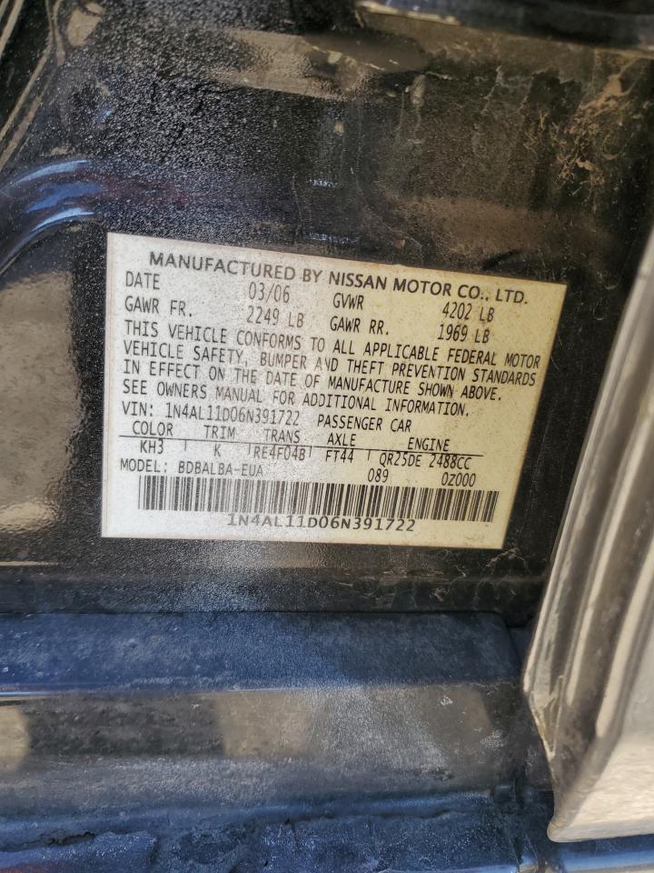 2006 Nissan Altima VIN 1N4AL11D06N391722 Copart auction photo, side / front end damage thumbnail 12