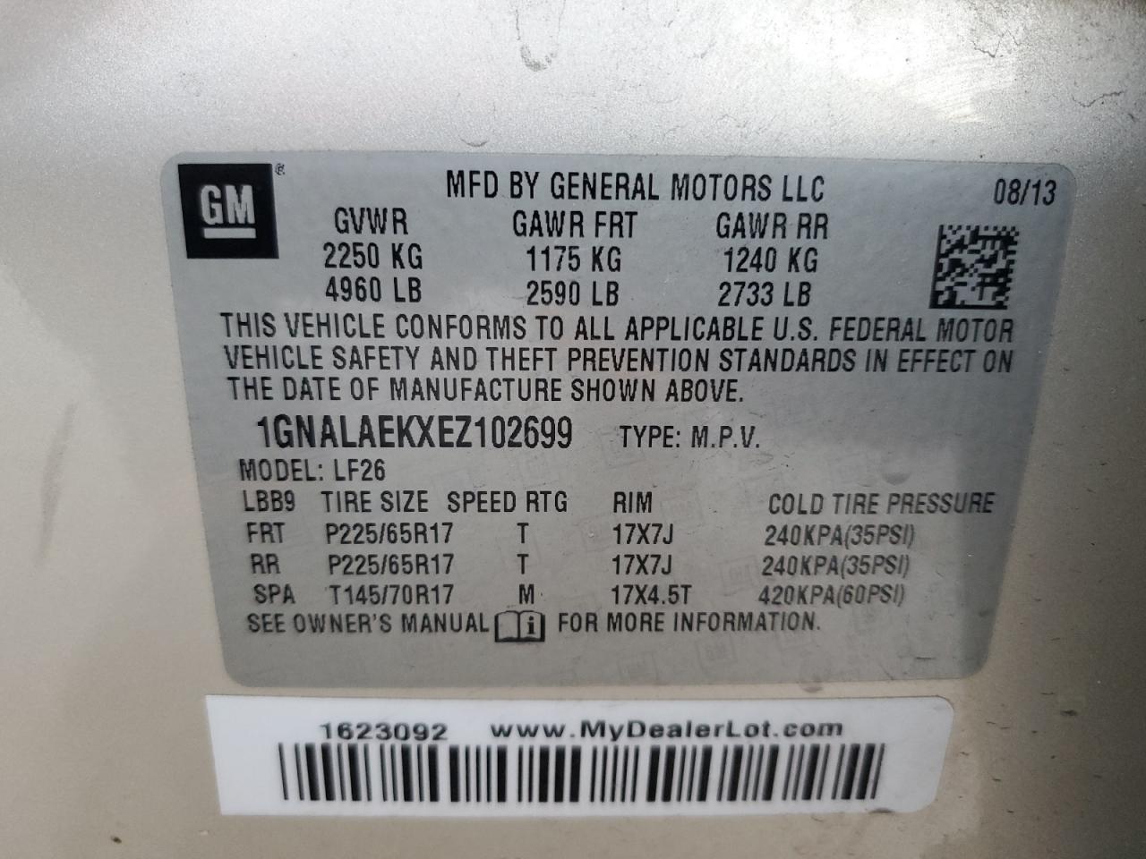 2014 Chevrolet Equinox VIN 1GNALAEKXEZ102699 Copart auction photo, rear end damage thumbnail 13