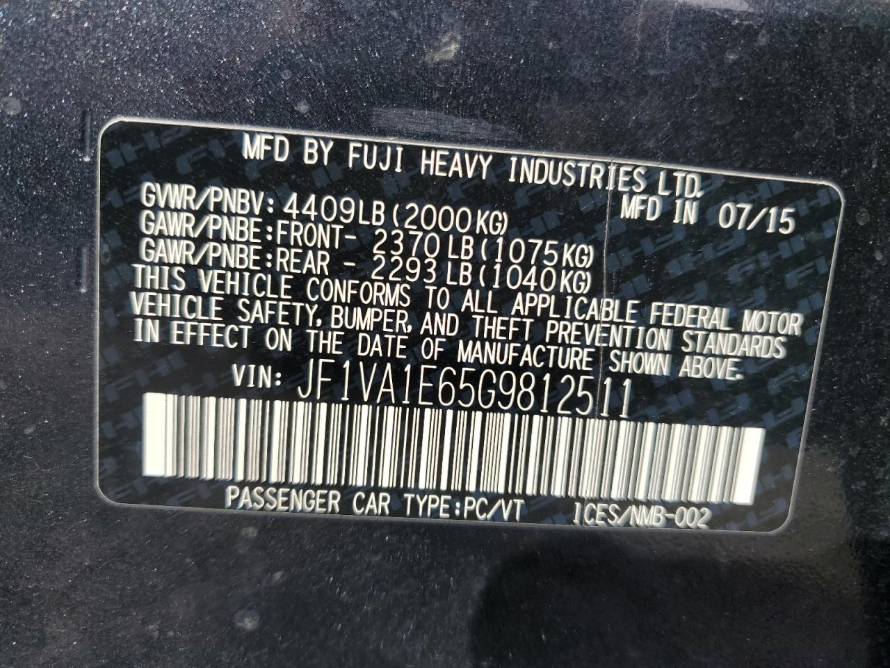 2016 Subaru WRX VIN JF1VA1E65G9812511 Copart auction photo, partial repair / mechanical damage thumbnail 12