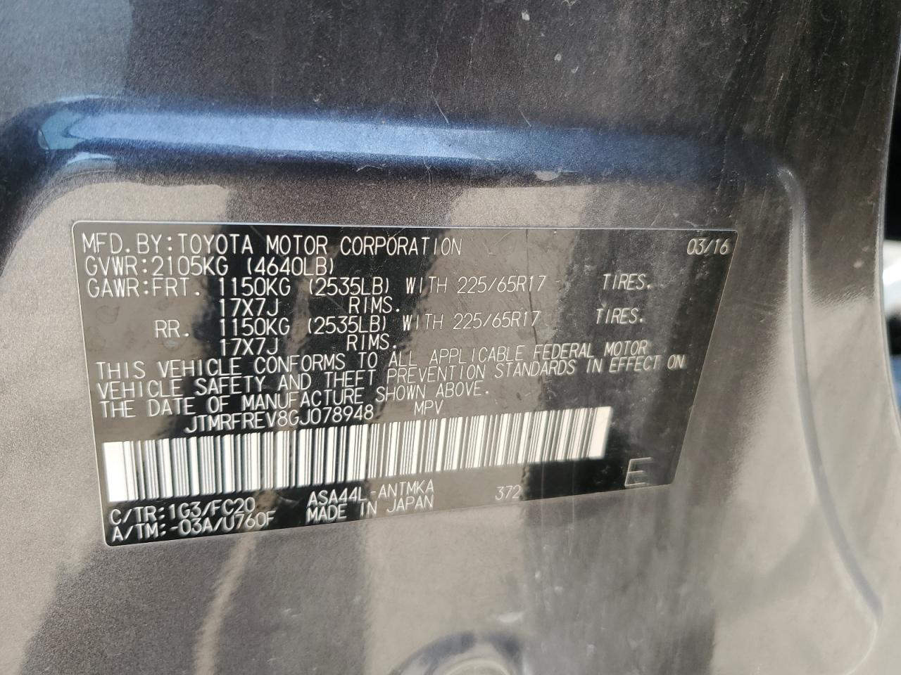 2016 Toyota RAV 4 VIN JTMRFREV8GJ078948 Copart auction photo, front end / rear end damage thumbnail 14