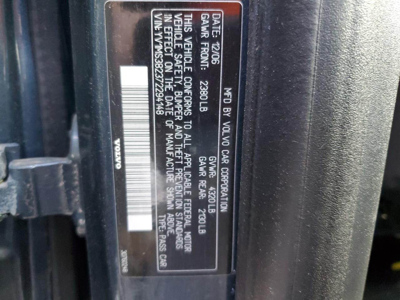 2007 Volvo S40 VIN YV1MS382372294148 Copart auction photo, front end / minor dent/scratches damage thumbnail 15