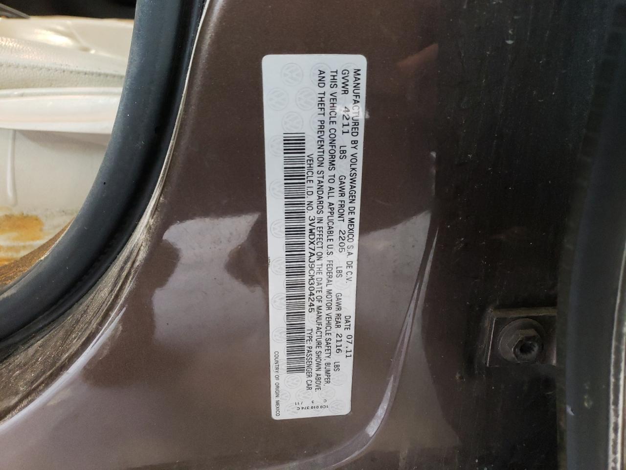 2012 Volkswagen Jetta VIN 3VWDX7AJ9CM304245 Copart auction photo, rear end damage thumbnail 12
