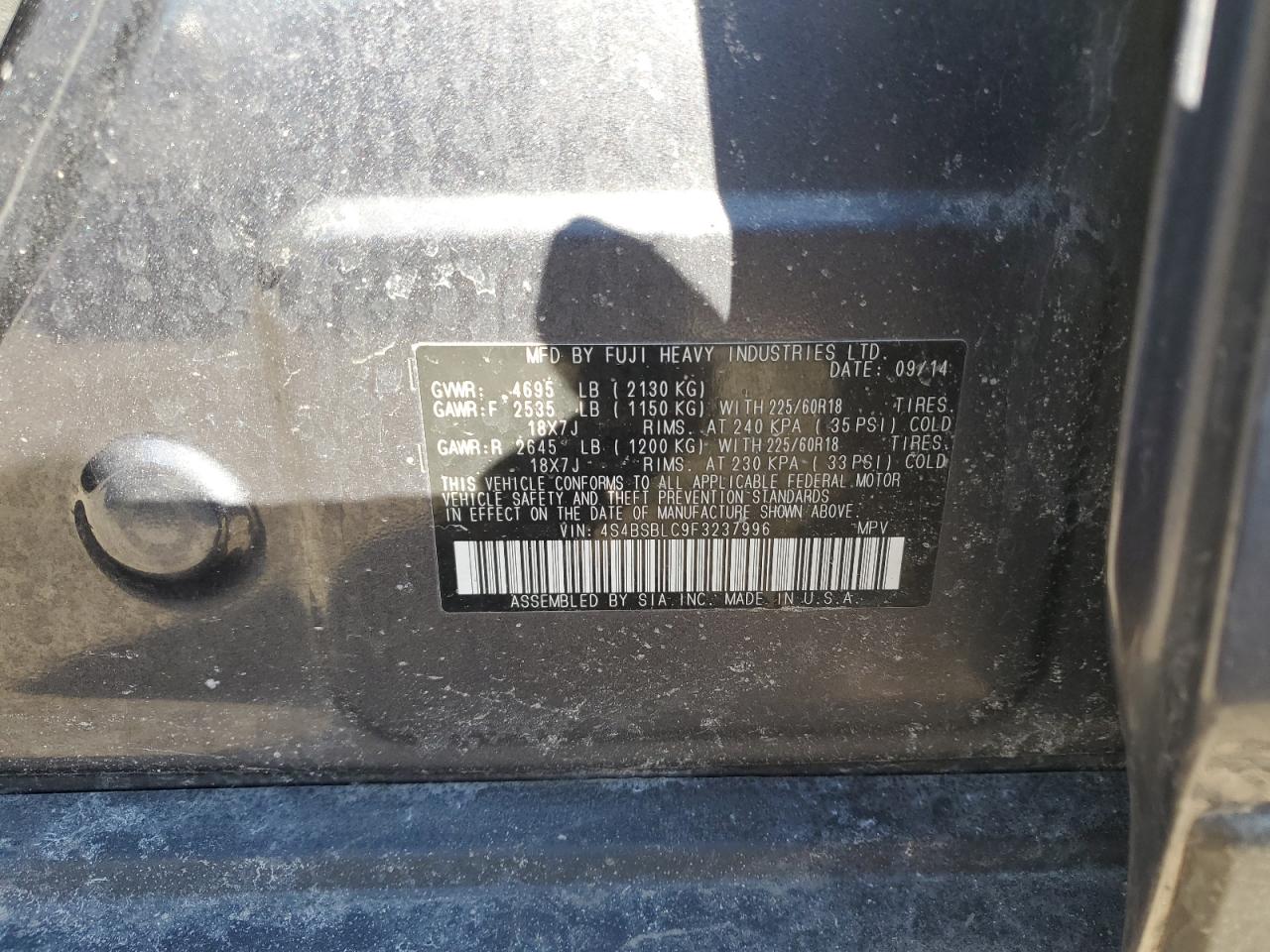 2015 Subaru Outback VIN 4S4BSBLC9F3237996 Copart auction photo, front end / minor dent/scratches damage thumbnail 12