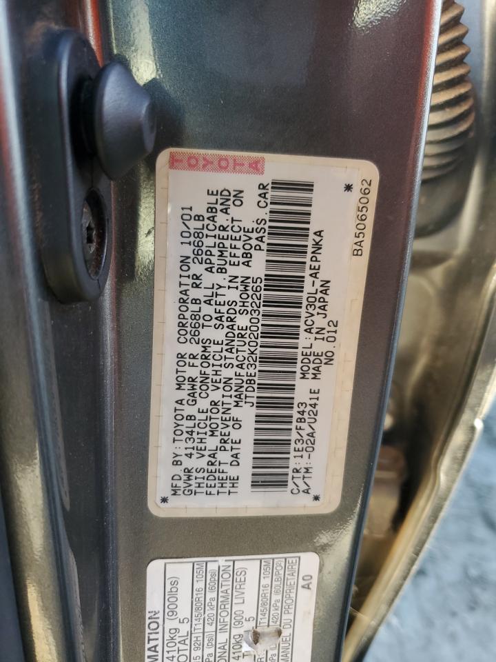 2002 Toyota Camry VIN JTDBE32K020032265 Copart auction photo, front end / side damage thumbnail 12
