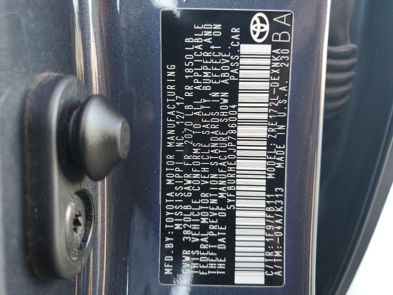 2018 Toyota Corolla VIN 5YFBURHE0JP786004 Copart auction photo, side damage thumbnail 12
