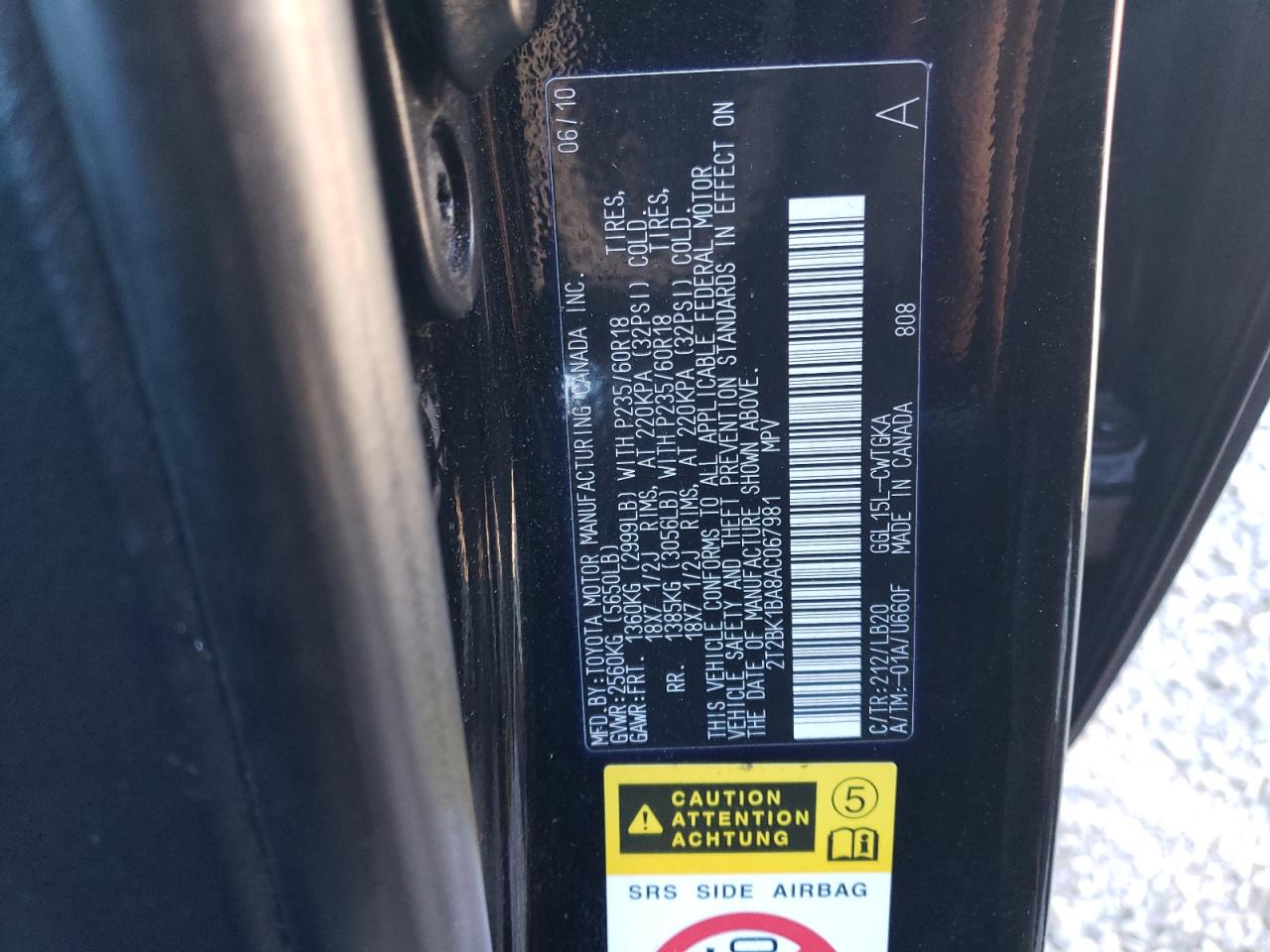 2010 Lexus RX VIN 2T2BK1BA8AC067981 Copart auction photo, front end / side damage thumbnail 13