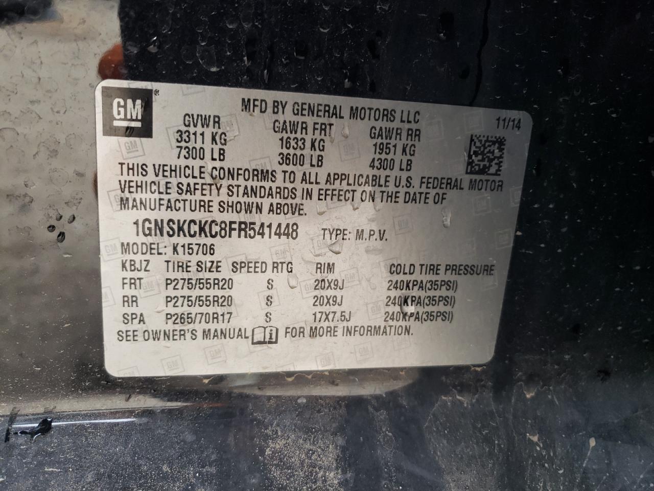 2015 Chevrolet Tahoe VIN 1GNSKCKC8FR541448 Copart auction photo, front end / side damage thumbnail 13
