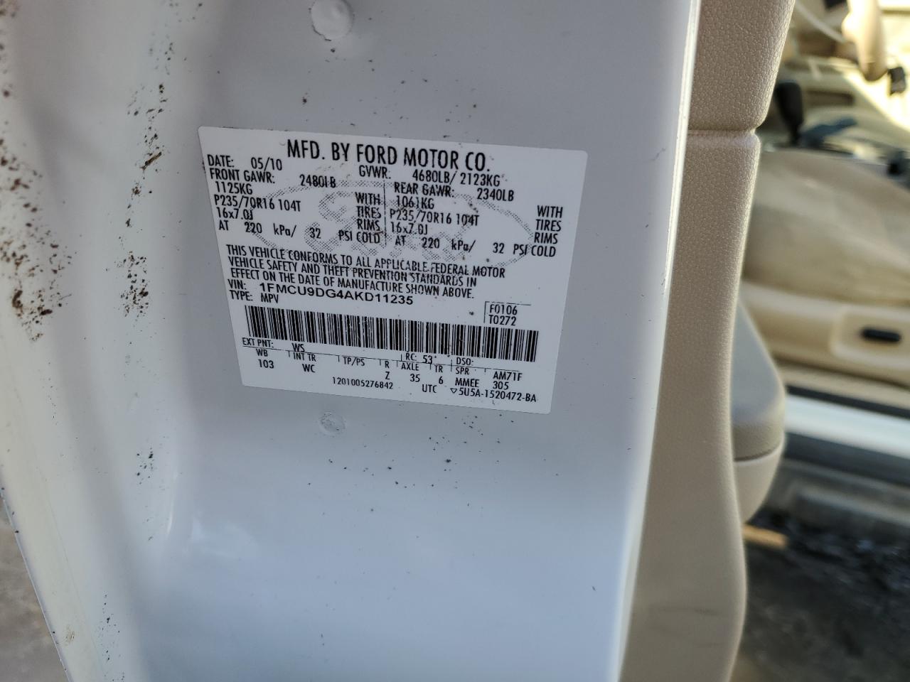 2010 Ford Escape VIN 1FMCU9DG4AKD11235 Copart auction photo, all over damage thumbnail 13