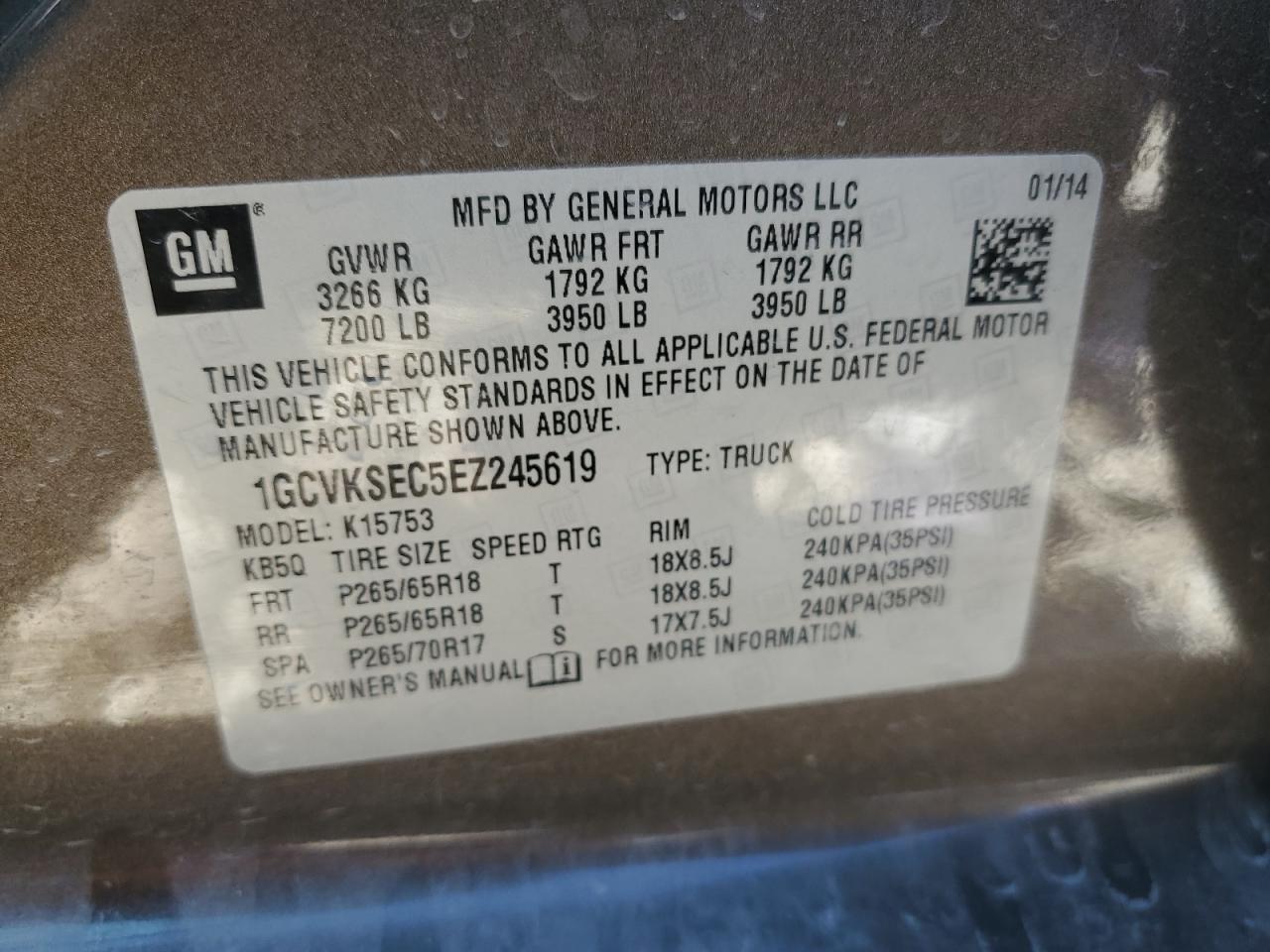 2014 Chevrolet Silverado VIN 1GCVKSEC5EZ245619 Copart auction photo, front end / side damage thumbnail 14