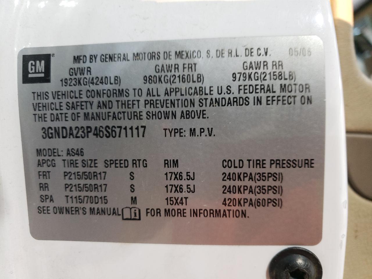 2006 Chevrolet HHR VIN 3GNDA23P46S671117 Copart auction photo, front end / rear end damage thumbnail 14