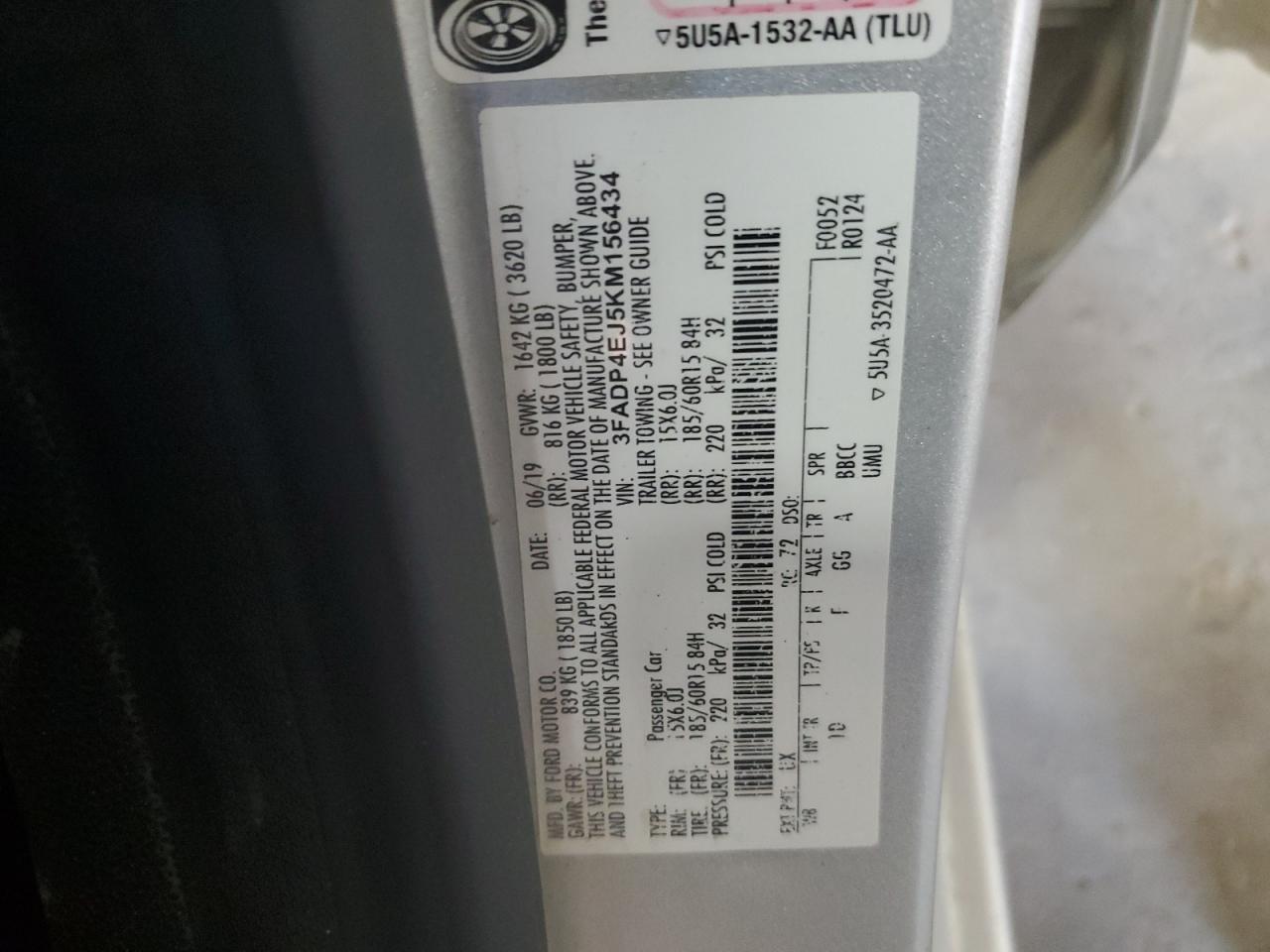 2019 Ford Fiesta VIN 3FADP4EJ5KM156434 Copart auction photo, front end / side damage thumbnail 14