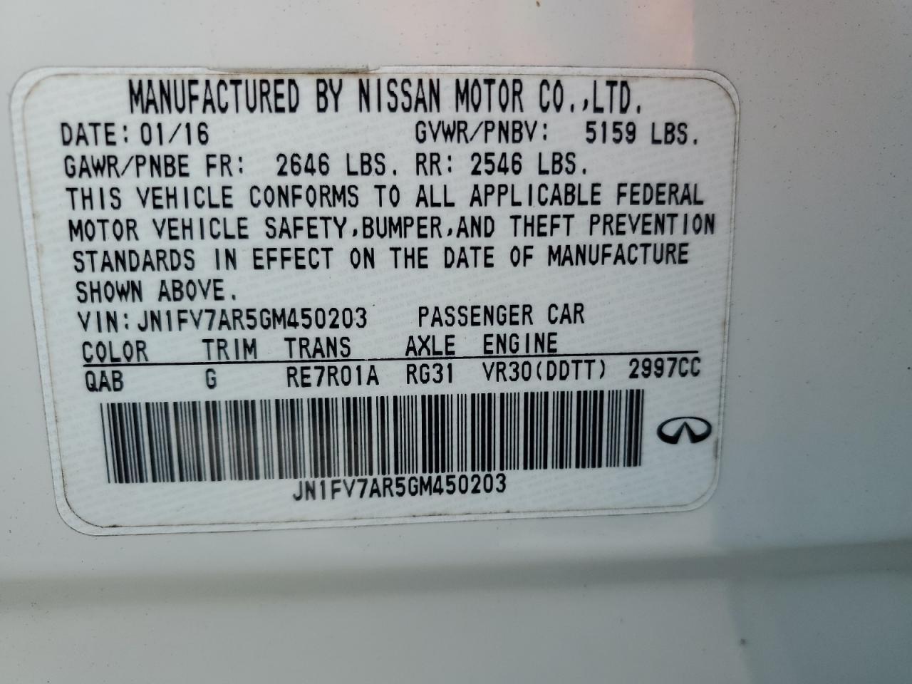 2016 Infiniti Q50 VIN JN1FV7AR5GM450203 Copart auction photo, front end / side damage thumbnail 14