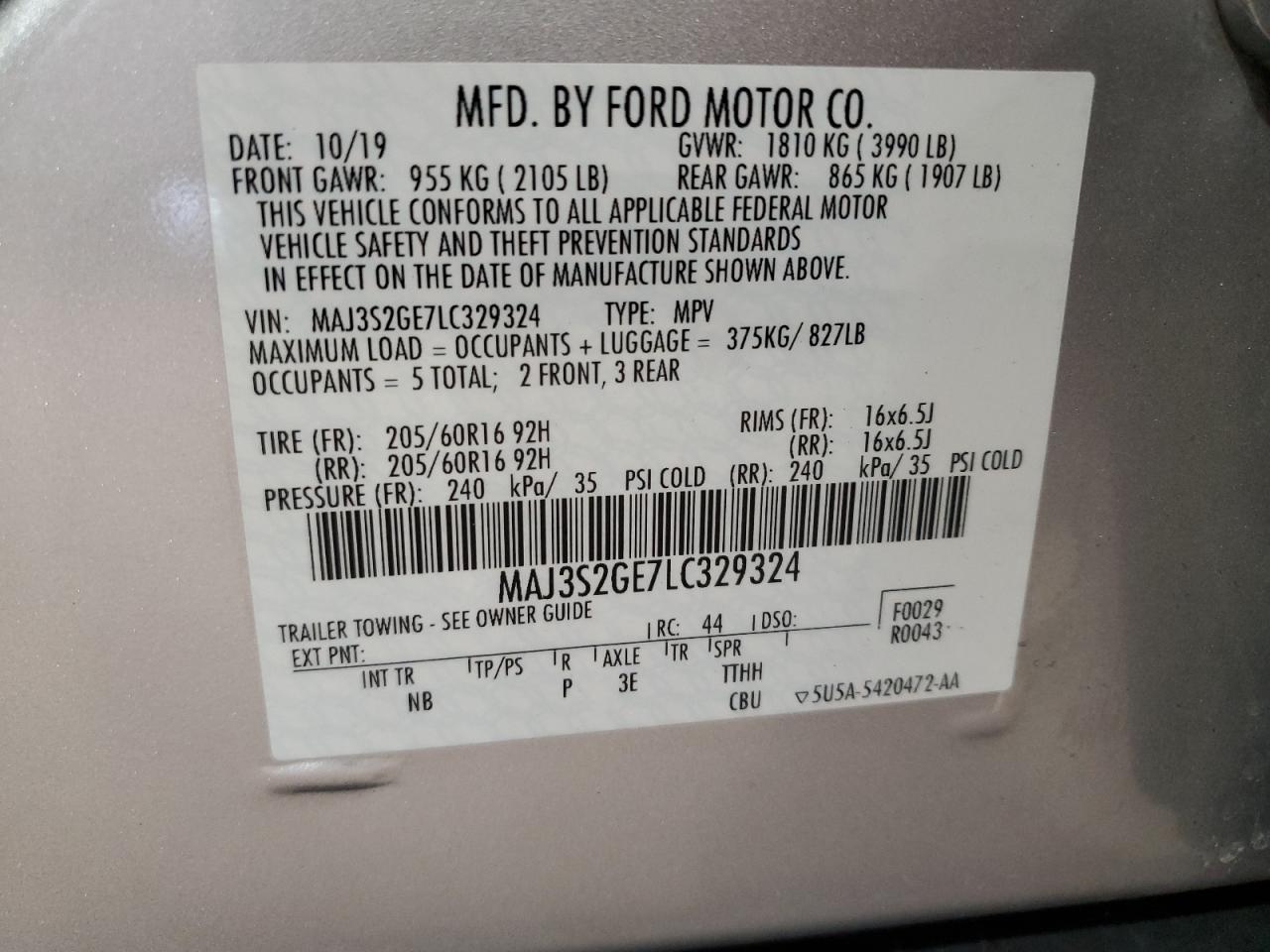 2020 Ford EcoSport VIN MAJ3S2GE7LC329324 Copart auction photo, front end damage thumbnail 12