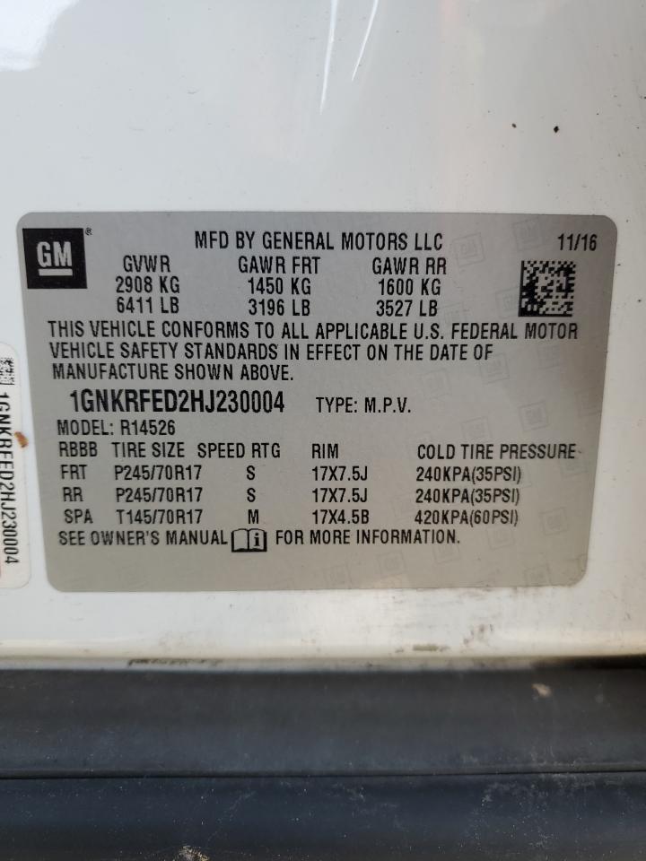 2017 Chevrolet Traverse VIN 1GNKRFED2HJ230004 Copart auction photo, front end / hail damage thumbnail 13