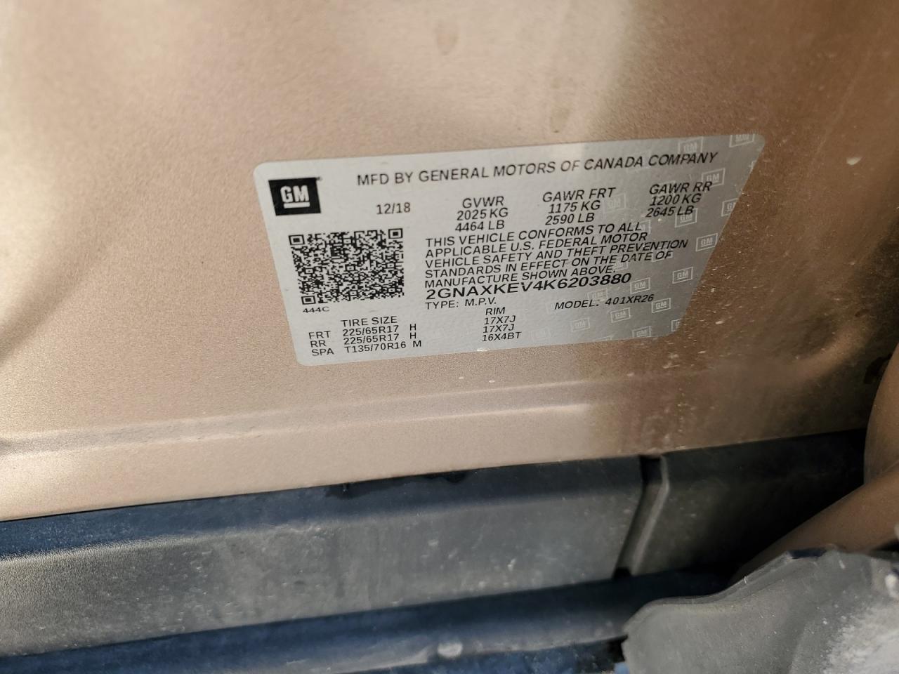 2019 Chevrolet Equinox VIN 2GNAXKEV4K6203880 Copart auction photo, front end / side damage thumbnail 12