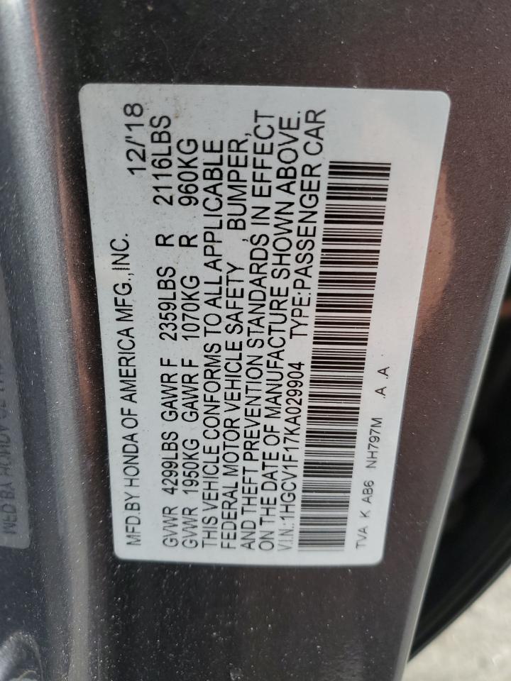 2019 Honda Accord VIN 1HGCV1F17KA029904 Copart auction photo, rear end damage thumbnail 13