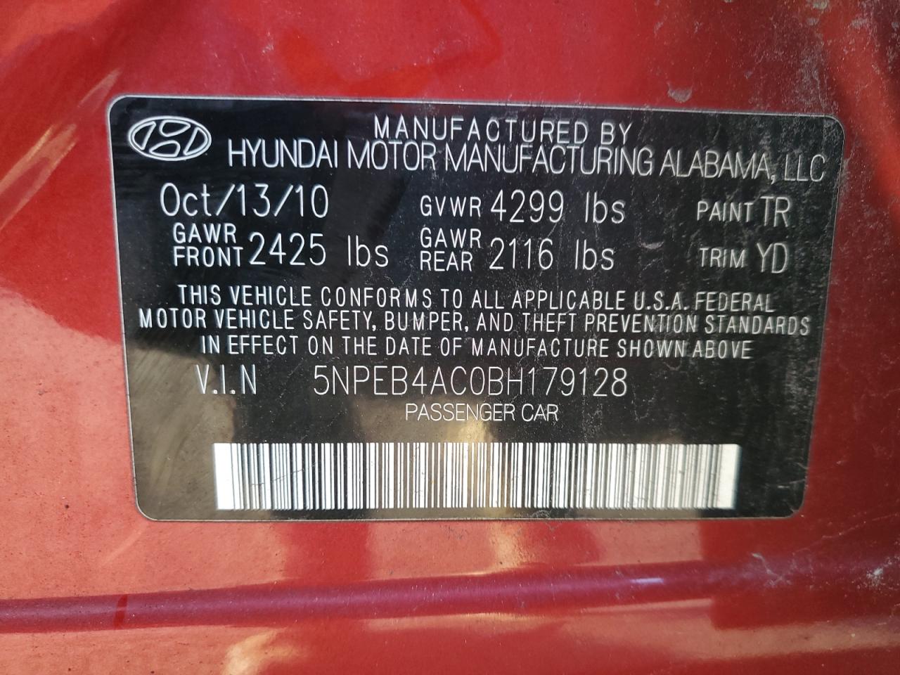 2011 Hyundai Sonata VIN 5NPEB4AC0BH179128 Copart auction photo, minor dent/scratches damage thumbnail 12